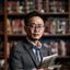 张明远，独立数字媒体研究员，长期追踪内容平台发展趋势，戴眼镜，书架背景，学者气质